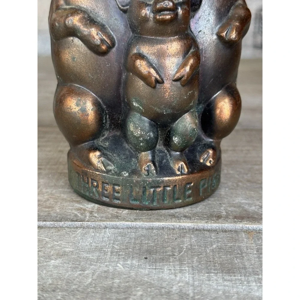 Vintage Three Little Pigs Cast Metal Piggy Bank Coin Worn Copper Tone Finish USA